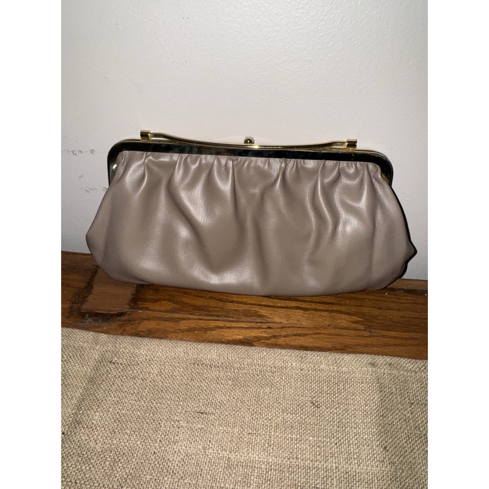 VTG Taupe/ Winter White Reversible Leather Clutch Handbag (1960s) Locking Lever